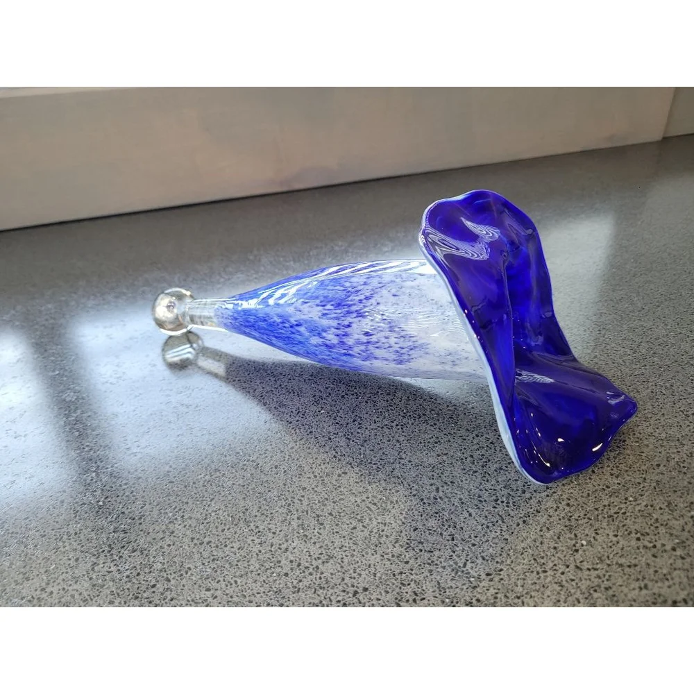 Signed Studio Art Glass Cobalt Blue Trumpet Vase White Splatter 9in